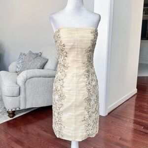 Vintage Tony Bowls Shorts Ivory Gold Strapless Beaded Cocktail Dress Size 6